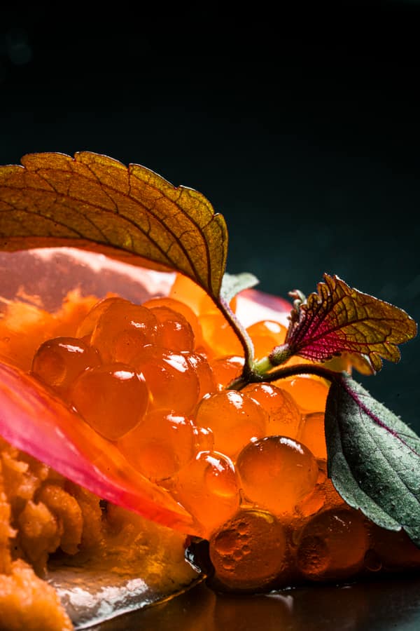 Close-up of roe and citrus in a cold dish