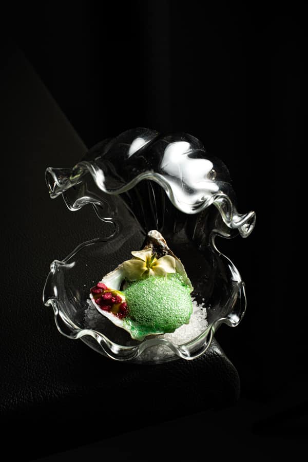 Dessert served in a blown-glass piece
