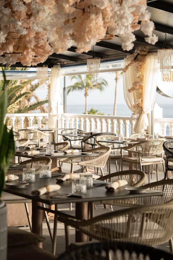 Set terrace with palm trees and the sea beyond